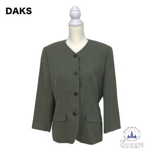 ☆美品 Daks ダックス アウター ノーカラージャケット 長袖 Ｖネック スリムフィット レディース グレー キュプラ b15 送料無料 古着