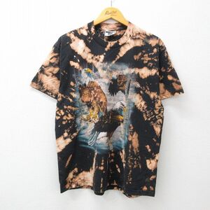 L/古着 リー Lee 半袖 ビンテージ Tシャツ メンズ 90s ワシ 木 コットン クルーネック 黒他 ブラック ブリーチ加工 23jul20 中古