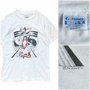 USA製 90’s Hanes ヘインズ ヴィンテージ Tシャツ 白 ホワイト Mサイズ on EDGE エロT 和柄 アニメ 龍 シングルステッチ 1991年製