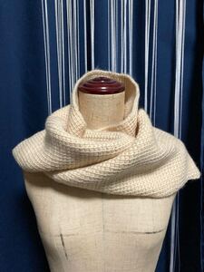 一点モノ ハンドメイド アフガン手編み ウール マフラー handmade wool scarve shawl beige white Tunisian crochet ワッフル編み