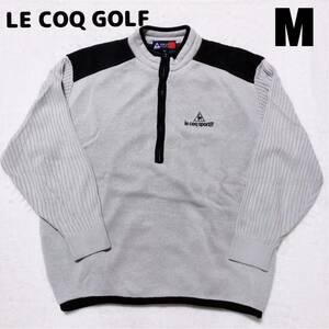 【ルコック ゴルフ　M】LE COQ GOLF　ハーフ　ジップアップ　ニット　セーター　ウェア　M サイズ　アクリル　防寒　グレー　黒　ブラック