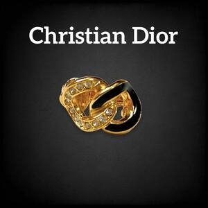 【美品】 Christian dior クリスチャンディオール イヤリング 耳飾り ツイスト ラインストーン ビジュー ノット ブラック ゴールド 1069