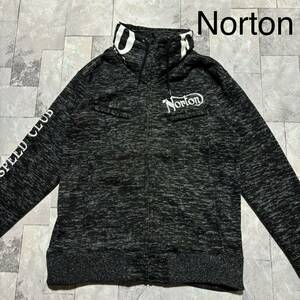 Norton ノートン ジップアップ ジャケット ボリュームネック フード収納可 ビッグ刺繍ロゴ 親指穴アリ プリント グレー サイズL 玉FS1328