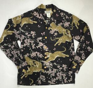 MAKANALEI マカナレイ　silk100% アロハシャツ ハワイアンシャツ Sサイズ メンズ　古着　総柄 ブラック　長袖シャツ　虎　桜