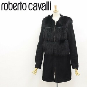 美品●CLASS Roberto Cavalli クラス ロベルト カヴァリ フォックスファー リアルムートン ノーカラー コート 黒 ブラック 40