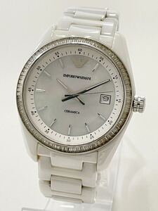 1円スタート EMPORIO ARMANI エンポリオ アルマーニ AR-1497 デイト 腕時計 メンズ ラウンド シェル文字盤 セラミック 動作確認済