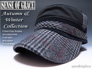 grace★ヘリンツイードワークキャップ【黒】新品 定価￥4300 サイズ調節可能 男女兼用 UV99%CUT パッチワーク ヘリンボーン ベロア