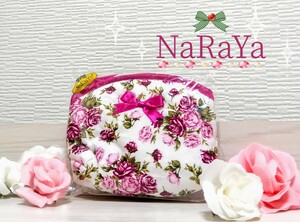 《新品》.:*:☆ナラヤ NaRaYa ☆.:* ふかふかメイクポーチ.:*ホワイトにピンクの薔薇.:*:プレミアコットン♪化粧ポーチ・小物ポーチ♪ 