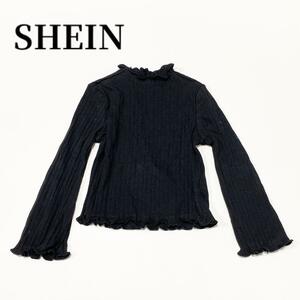 SHEINシーインリブメロートップス90ブラック長袖子供服黒ベビー服