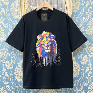 定価2万★christian milada・ミラノ発・半袖Tシャツ★上質綿100％ 通気 吸汗 薄手 ライオン カラフル 個性 スウェット ユニセックス M/46