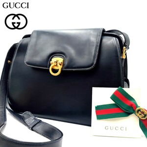 1円〜【漂う高級感】GUCCI グッチ オールドグッチ ショルダーバッグ レザー ゴールド金具 ガンチーニ　ネイビー ヴィンテージ