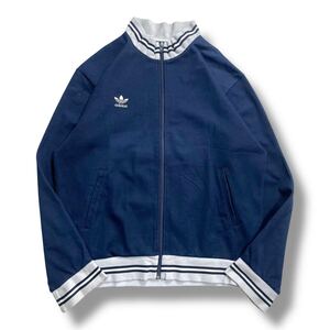 80s adidas アディダス デサント製 トラックジャケット レトロ ヴィンテージ トレフォイルロゴ ジップアップ 襟リブ ネイビー O