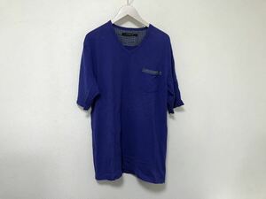 美品本物インターメッツォINTERMEZZOコットンデカVネック半袖Tシャツメンズサーフミリタリービジネススーツ青ブルーL