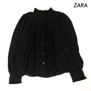 【送料無料】ZARA ザラ★長袖ブラウス バンドカラー フリル付き ブラック 黒 Mサイズ