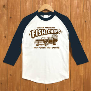 ■FISH&CHIPS ベースボ－ルTシャツ■Lサイズ（ネイビー袖xブラウン）アメリカ　アメ車 モパ－　MOPAR PLYMOUTH BARRACUDA ハンバーガー