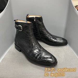 定価12万*超希少 エンジニアブーツ 本革 レザーブーツ メンズ 職人手作り 鰐柄 皮靴 ウェスタンブーツ マーティンブーツ ブラック 27.5cm