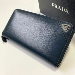 ★PRADA プラダ ラウンドファスナー 三角ロゴ 長財布 紺 ネイビー メンズ【鑑定済み 本物保証】