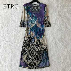 ETRO エトロ ワンピース ロング ペイズリー柄 花柄 総柄 イタリー ITALY イタリア製 紫 パープル 青 ブルー 黒 ブラック 伸縮 40 L