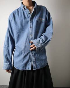 S299 Vintage Button-down Loose Embroidery Denim Shirt 刺繍 デザイン ボタンダウン デニム オーバーサイズ 長袖シャツ 青 XL