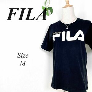 FILA ビッグロゴ 半袖Tシャツ レオパード柄 ヒョウ柄 M フィラ ブラック フロントロゴ 黒 Tシャツ トップス 半袖シャツ