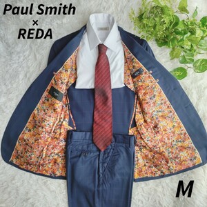 ■美品・近年モデル■M相当■Paul Smith ポールスミス × REDA レダ スーツセットアップ 花柄 ウィンドウペン 2B サイドベンツ ネイビー 紺