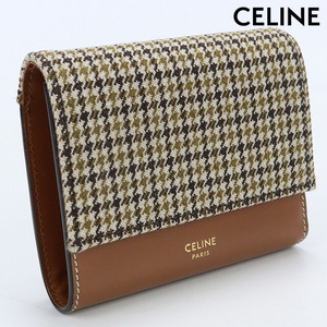 11/25はさらに+10倍 中古 セリーヌ 三折財布小銭入付き レディース ブランド CELINE ツイード スモールウォレット レザー ブラウン 財布