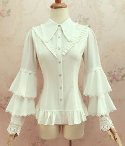 新品 ロリータ お花 レース トップス ブラウス ムスクテール襟 長袖 姫袖 ベルスリーブスリム 豪華 乳白色 合わせ 洋装 ゴスロリ ゴシック