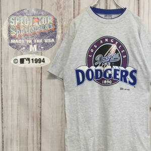 【90s USA製 ドジャース 半袖ロゴTシャツ】Dodgers 折り返し M グレー 古着 [240613-008]