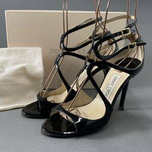 ♪2f15 イタリア製 JIMMY CHOO ジミーチュウ *LANG ラング* ヒールパンプス サンダル オープントゥ パテントレザー 37 24cm相当 レディース