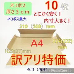 訳アリ!発送用10枚　ネコポス最大サイズ　 厚さ3㎝ 対応A4 ダンボール箱