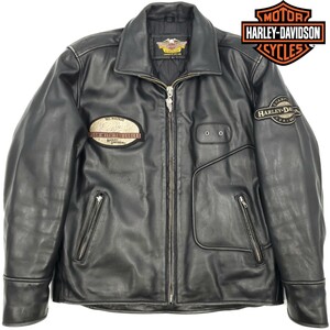 肉厚牛革◆HARLEY-DAVIDSON◆レザーライダースジャケット黒メンズLハーレーダビッドソン本皮シングルポリスマンライディング本革ジャン 851