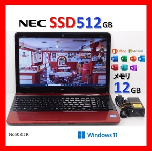 ■No50811R:赤色■Windows11■Corei5-3210M■SSD:512GB■メモリ12G■NECノートパソコン■LaVie■LS450/J(PC-LS450JS6R)■office2021■