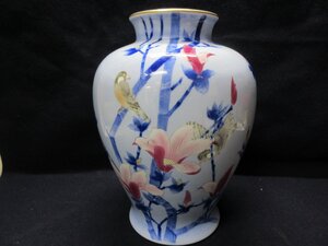 1円　時代　オールド　深川製磁　花瓶　鳥　富士山紋　ウグイス　高さ約32ｃｍ　幅約24ｃｍ　飾壺　 【星見】