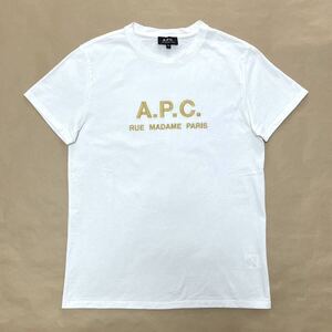 美品 正規品 A.P.C. RUE MADAME ロゴ 刺繍 Tシャツ ホワイト ゴールド マスタード M 半袖 コットン ユニセックス APC アーペーセー @b143