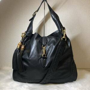 【極美品】GUCCI オールレザー ニュージャッキー タッセル シボ革 2way ショルダーバッグ ハンドバッグ 黒 