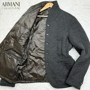 【極美品XLサイズ!!!】ARMANI COLLEZIONI アルマーニコレッツォーニ 中綿 キルティングジャケット スタンドカラー ダークグレー ロゴボタン