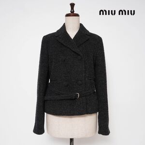 MIUMIU ミュウミュウ ショート丈ツイードコート モヘア混シャギー ウエストベルト付 袖レザー レディース ダークグレー サイズ42*YC3