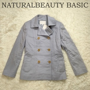 未使用訳あり ナチュラルビューティーベーシック カシミヤ ショートトレンチ コート M ブルー系 NATURAL BEAUTY BASIC ダブル ジャケット