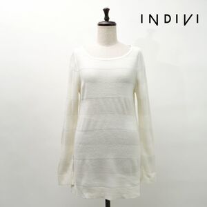 美品 INDIVI インディヴィ ラメ ボーダーデザインクルーネック ニットチュニック トップス レディース 白 ホワイト サイズ38*MC645