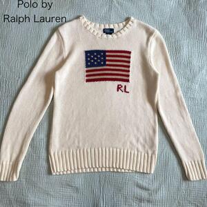 【ポロバイラルフローレン　Polo by Ralph Lauren】長袖　ニット セーター クルーネック　星条旗 アメリカ国旗　白 L～XL コットン100