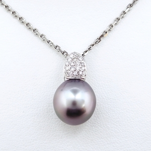 Pt900/Pt850★プラチナ ネックレス ブラックパール径12mm ◇ダイヤモンド0.190ct チェーン長40cm プレゼント【中古】/G885/m24778