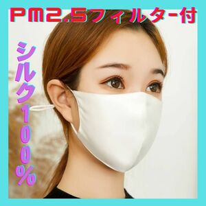 ★☆シルク100%立体マスク アジャスター付き 絹マスク 保湿 シルク 大人用☆★ホワイト　pm2.5フィルター付き