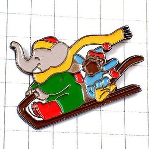 ピンバッジ・ぞうのババールそり遊び象と猿 BABAR◆フランス限定ピンズ◆レアなヴィンテージものピンバッチ