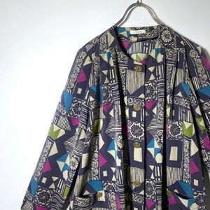 90s 総柄シャツ ノーカラーシャツ ブラウス チュニック サイズ9~11 古着 レトロ 金ボタン ポリシャツ 日本製 匿名配送