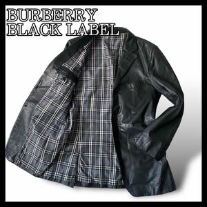 【美品/山羊革使用!!】 BURBERRY BLACK LABEL バーバリーブラックレーベル レザージャケット ラムレザー チェック柄 刻印釦 サイズM 黒