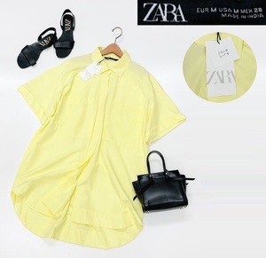 未使用品 /M/ ZARA レモンイエロー ロングシャツ レディース タグ カジュアルトップス 通勤大人可愛い オーバーサイズ コットン 春夏 ザラ