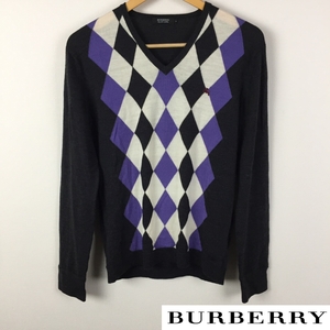 美品 BURBERRY BLACK LABEL 長袖ニット アーガイル柄 チャコールグレー サイズ2 返品可能 送料無料