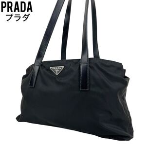 極美品　PRADA プラダ　トートバッグ　ブラック　ナイロン　レザー　手提げ　ハンドバッグ　ショルダーバッグ　三角プレート　白タグ　黒