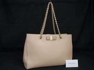 1円 ■美品■ Salvatore Ferragamo フェラガモ ヴァラリボン レザー チェーン ショルダーバッグ トート レディース ベージュ系 FD7805