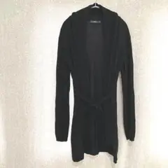 美品✦ZARA ロングニットカーディガン M 黒ブラック リボンベルト